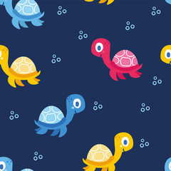 Cute sea animals of the deep fish and jellyfish. Cartoon seamless pattern on a color background.
