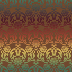 Vintage seamless floral Damask pattern . Brown, yellow, green background color. Vector Wallpaper, shiny fabric