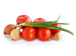 red tomatoes and onions for tasty salad close up