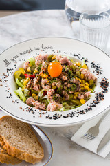 tuna fish salad in white dish