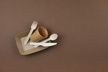 Zero waste, environmentally friendly, disposable cardboard, paper tableware. View from the top.