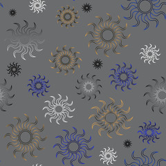 Gold blue sun, circle, pattern seamless on gray background
