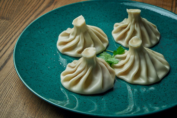 Appetizing homemade khinkali with different fillings (minced meat, cheese, vegetables or spinach) in a blue plate on a wooden background. Traditional Georgian cuisine. Georgian dumplings