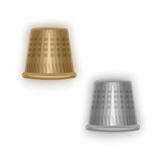 Set of isolated steel thimbles on a white background, golden and silver thimbles, Vector eps 10 format