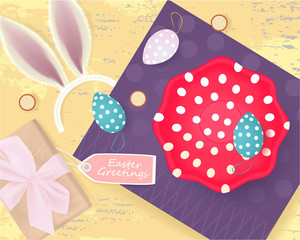 Easter Greetings banner with gift box, Easter Eggs, plate with Easter Egg, bunny ears on abstract background, holiday