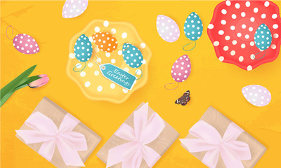 Easter Greetings banner with gift box, Easter Eggs, butterfly, plates with Easter Eggs, tulip on abstract background, holiday