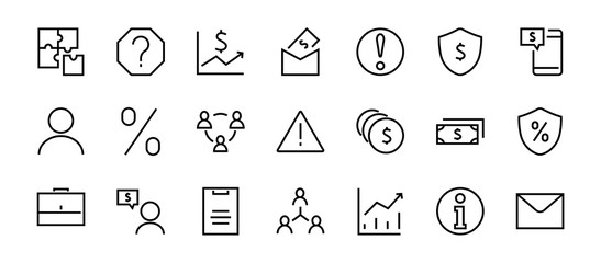 Set of business vector line icons. It contains user symbols, dollar pictograms, gears, briefcase, puzzles, envelope, percentage, messages, schedule, and more. Editable Bar 460x460 pixels.