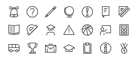 A simple set of school items. Contains icons such as student, award, geography, physical education, geometry and more. On white background. Editable stroke. 480x480