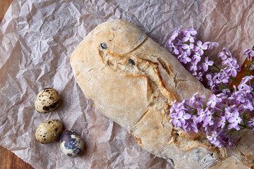 Ciabatta with olives in baking paper. Italian homemade wheat bread, quail eggs, lilac flowers.