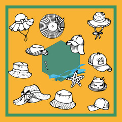 A set of hats, panama hats and caps from the sun, for women, men and women in the doodle style