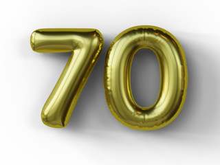 Golden balloon in shape of number 70. isolated. 3d illustration.