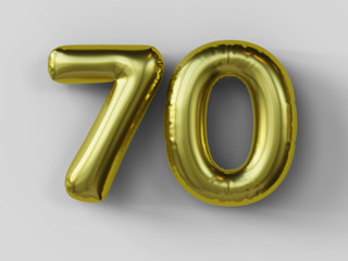 Golden balloon in shape of number 70. isolated. 3d illustration.