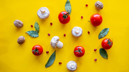 tomatoes and mushrooms on a yellow background