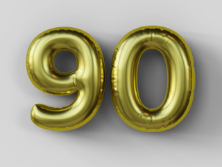 Golden balloon in shape of number 90. isolated. 3d illustration.