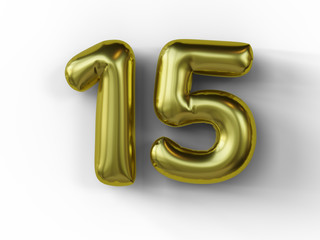 Golden balloon in shape of number 15. isolated. 3d illustration.