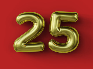 Golden balloon in shape of number 25. isolated. 3d illustration.