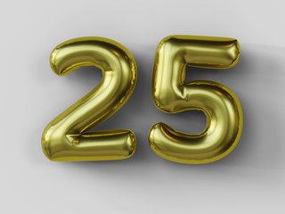 Golden balloon in shape of number 25. isolated. 3d illustration.