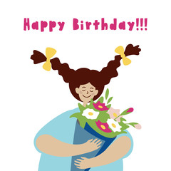 Black-haired girl with a bouquet of flowers. Happy birthday lettering. Vector illustration suitable for a greeting card.