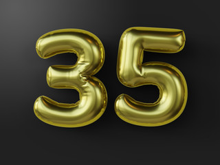 Golden balloon in shape of number 35. isolated. 3d illustration.