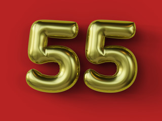 Golden balloon in shape of number 55. isolated. 3d illustration.