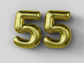 Golden balloon in shape of number 55. isolated. 3d illustration.