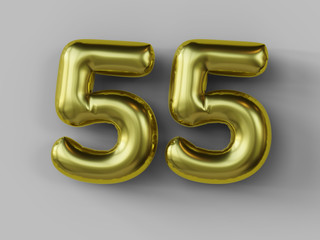 Golden balloon in shape of number 55. isolated. 3d illustration.