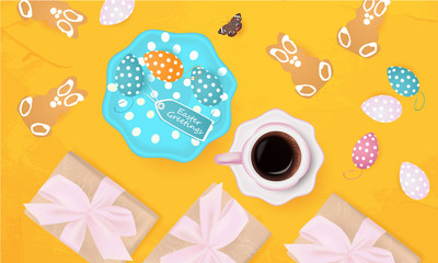 Easter Greetings banner with gift box, Easter Eggs, cookies, plate with Easter Egg, cup of coffee on abstract background, holiday