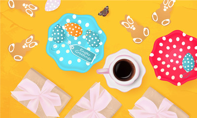 Easter Greetings banner with gift box, Easter Eggs, cookies, plates with Easter Eggs, cup of coffee on abstract background, holiday