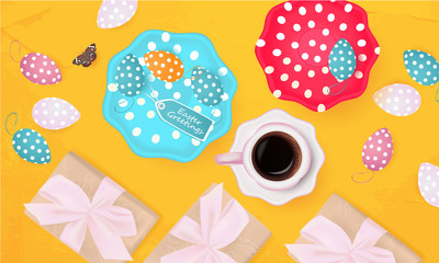 Easter Greetings banner with gift box, Easter Eggs, butterfly, plates with Easter Eggs, cup of coffee on abstract background, holiday