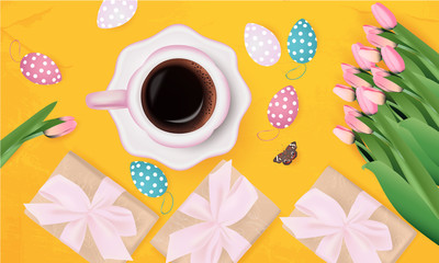 Easter banner with gift box, Easter Eggs, butterfly, tulips, cup of coffee on abstract background, holiday