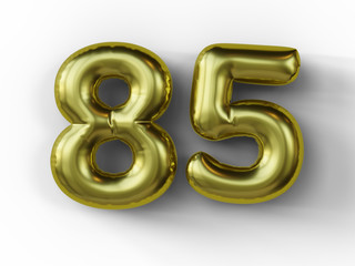 Golden balloon in shape of number 85. isolated. 3d illustration.