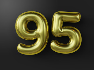 Golden balloon in shape of number 95. isolated. 3d illustration.