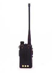 back view of black portable radio transceiver with antenna isolated on white background