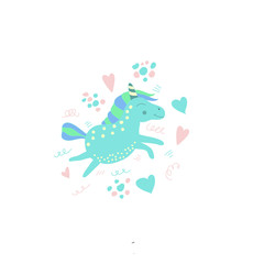 Сute pink boy unicorn cartoon character. Dreamy unicorn in scandinavian style. Painted in bed colors. Illustration for children's clothing and for a children's party.