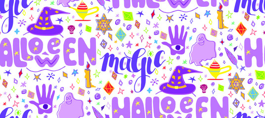 Seamless pattern: happy halloween, magic, doodle style, handdrawn. Vector illustration, template graphic design for posters, flyers, cards or vouchers.