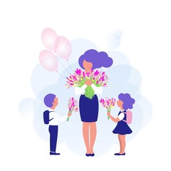 Happy teachers day.Students and teacher with flowers, flat design