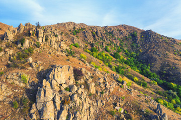 Top view over mountain trail landscape. Aerial drone view