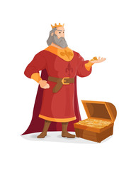 King holds a gold coins in his hands. Treasure of gold wealth with bright sparkles, coins scatter.