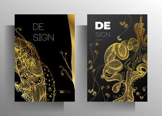 Cover design for book, magazine, brochure catalog template set. Hand-drawn graphic elements black with gold. Vector 10 EPS.