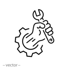 maintenance icon, repair service, support logo, hand with wrench, thin line web symbol on white background - editable stroke vector illustration eps10