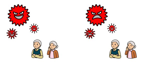 ウイルスと困った表情の高齢者