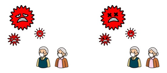  病気の予防のためにマスクをする高齢者とウイルス