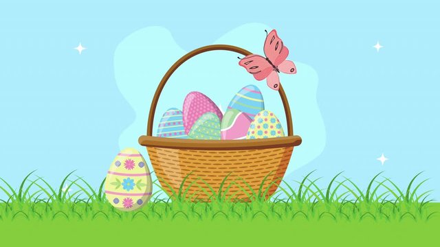 happy easter animated card with eggs in basket on the camp