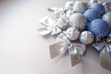 New Year's toys. Merry Christmas. bows. balls and sparkles background