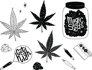 Marijuana vector set. Drug consumption, cannabis and smoking drugs collection. Get high. Magic seeds lettering. Fun doodle illustration of smoking equipment.