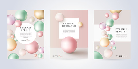 Beauty, skin care, cosmetics poster or cover set in modern minimalist style with pearl spheres of pastel shades. Concept for the beauty industry. Trendy design for sale, advertisement, fashion ads