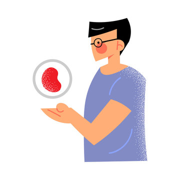 Volunteer Man In The Blue Shirt With The Blood Donation Symbol Concept. Vector Illustration In Flat Cartoon Style.