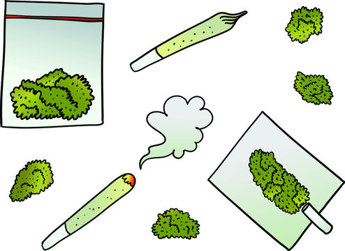 Vector cartoon marijuana set isolated on white background. Joint, spliff, plastic bag, cannabis buds, rolling paper. Smoking weed objects.