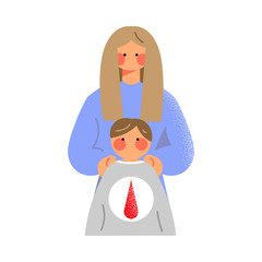Adult female donor gives blood to the child. Vector illustration in flat cartoon style concept.