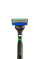 Shaving razor blade with multiple blades and colorful plastic padding close up macro shot isolated...